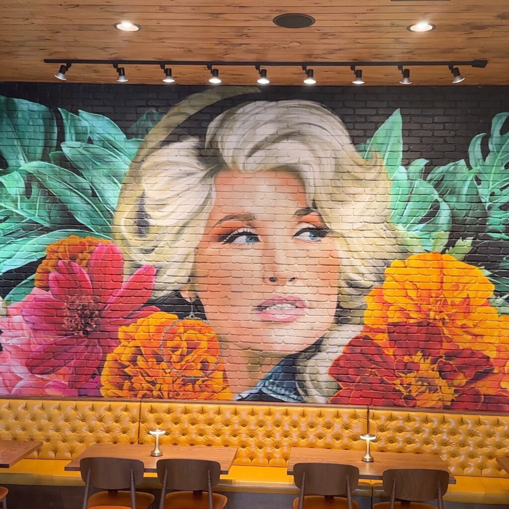 Dolly Parton mural in Pigeon Forge at Azul Cantina.
